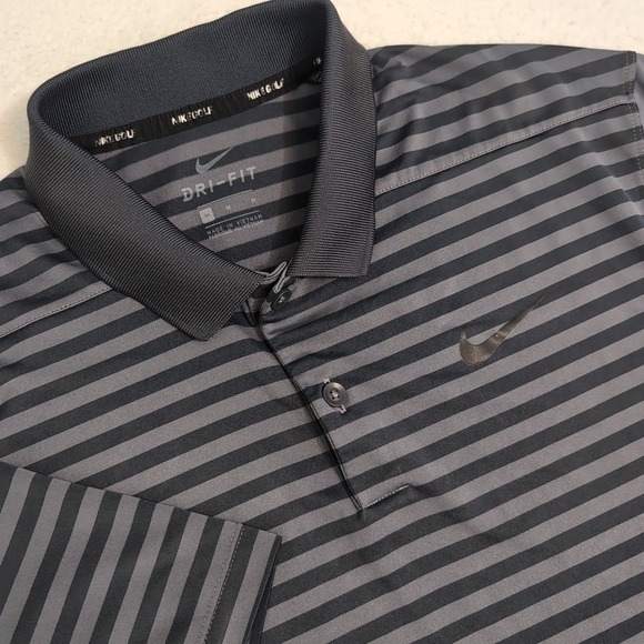 Nike Golf Dri Fit Men's Med Gray Striped Shirt Sleeve Golf Shirt - Picture 1 of 8